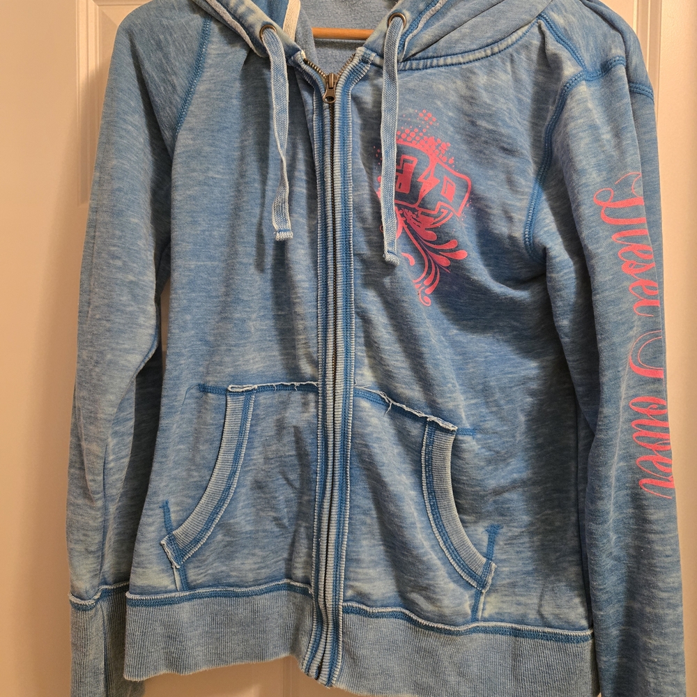 Blue Zip-Up Hoodie with Pink Accents